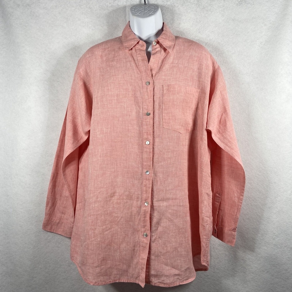 Go Silk Shirt Women XL Pink Button Up Long Sleeve 100% Linen